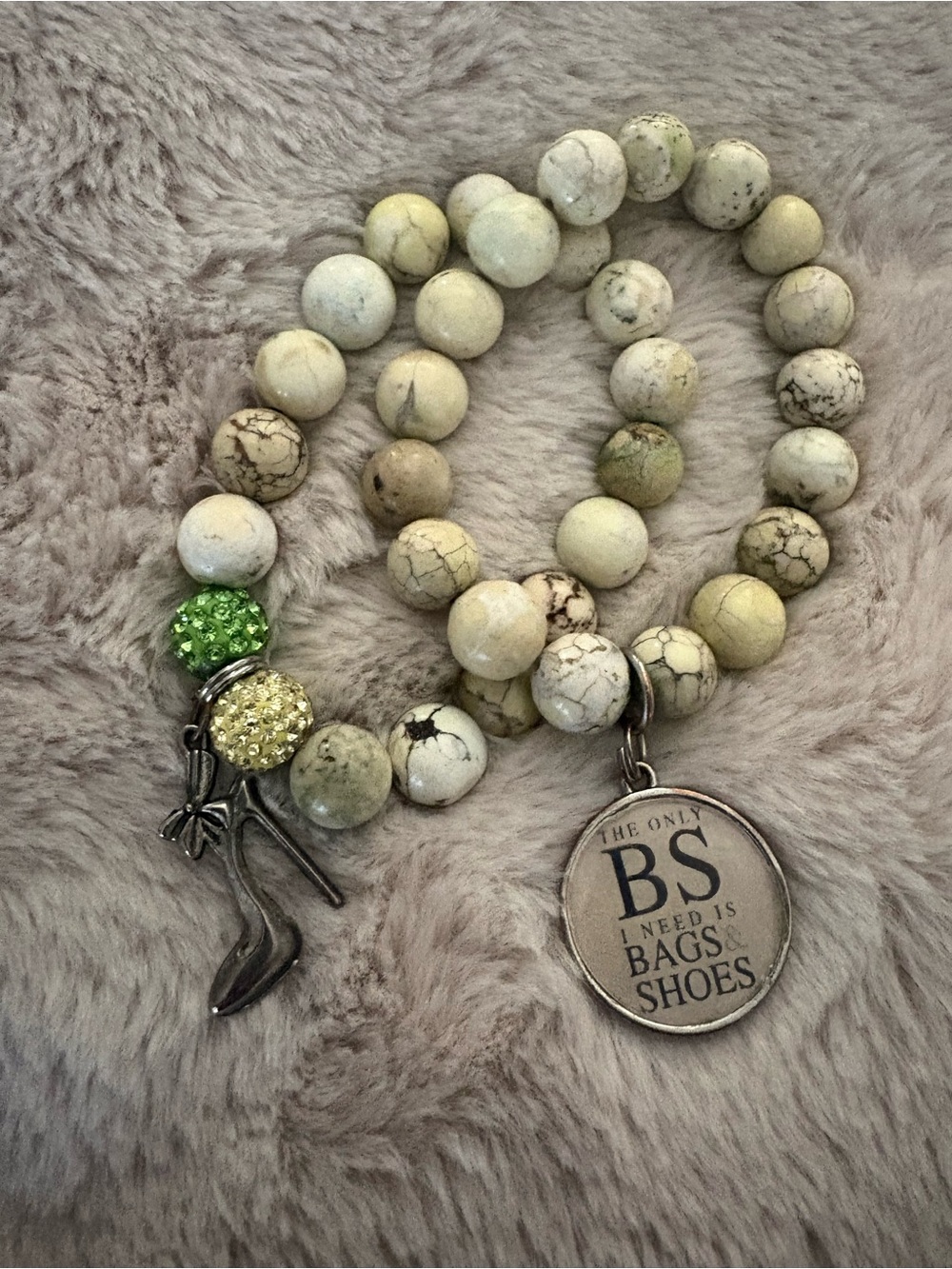 Beaded Charm Bracelet with Green Crystal Accents - Unbranded